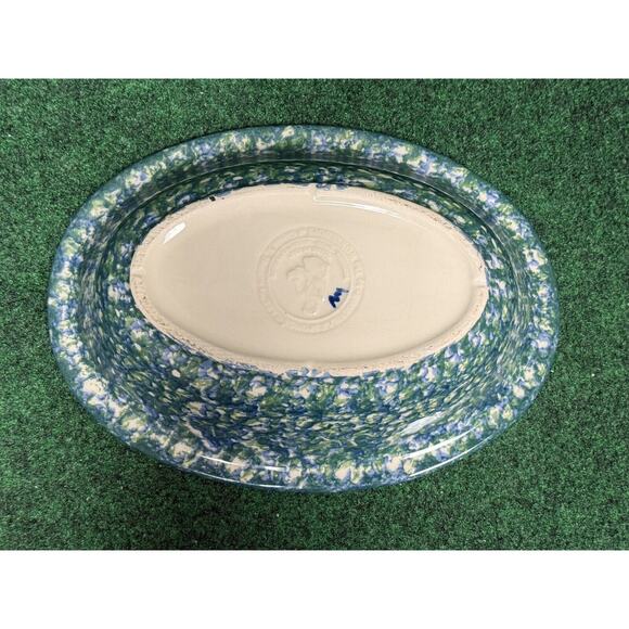 Gerald Henn Workshops Spongeware Oval Divided Dish GREEN & BLUE Stoneware - Picture 3 of 9